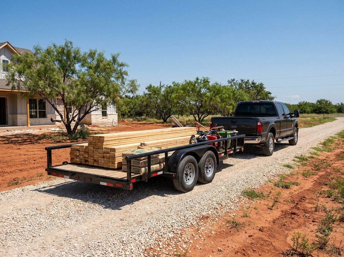 Flatbed utility trailer loaded with lumber